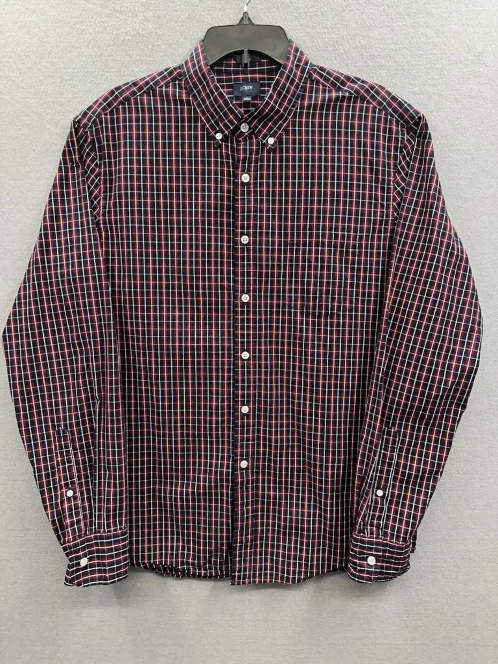 J. Crew Shirt Mens L Red Navy Button Down Classic Long Sleeve Plaid Tartan Slim